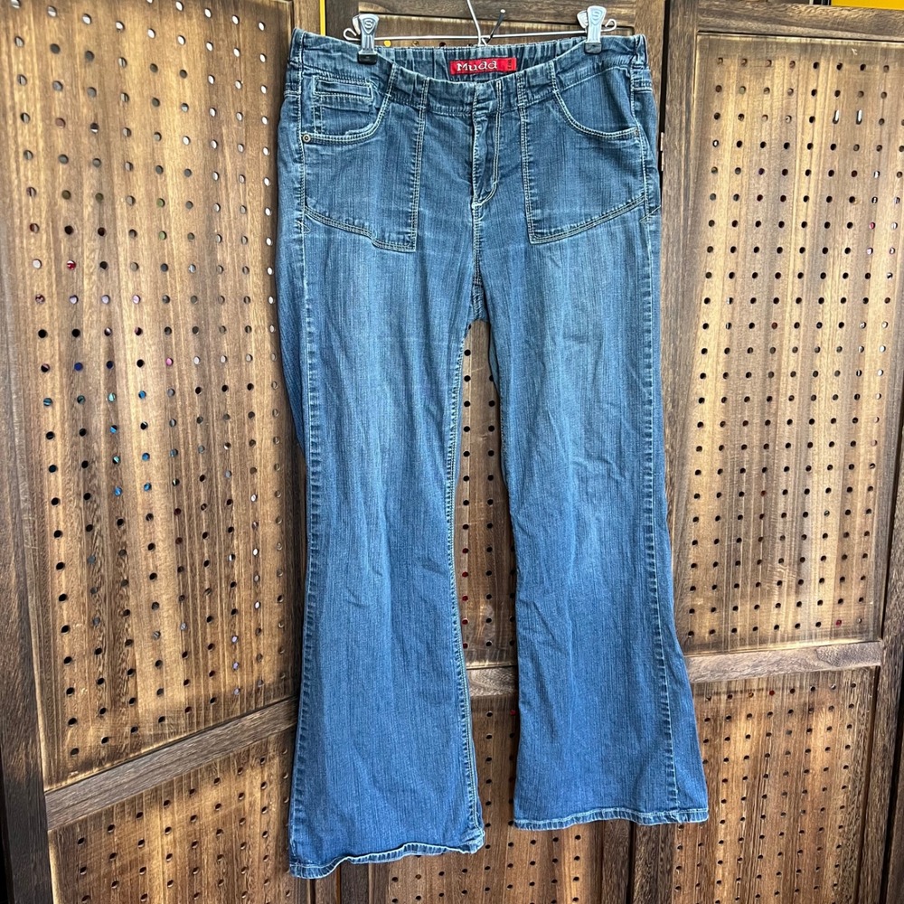 Mudd Flare Blue Jeans 33 W 29.5 L Size Tag Missing VTG Zipper + Elastic Waist